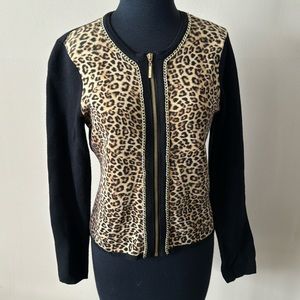 Chico's Leopard Print Front-Zip Cardigan with Black Sleeves